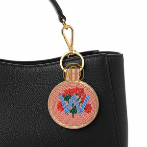 Round Beaded Keychain Alphabet S Floral Design Blue Leather Carabiner Key <b>Ring</b> Classic Style Woven <b>Initial</b> Charm - Product Image 5