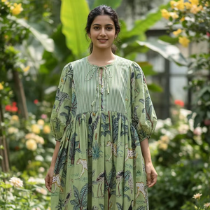 Robe courte bohème florale en coton 100% vert faite à la main pour femmes, coupe classique, robe artisanale indienne - Product Image 1