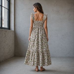 Vestido Maxi de Algodón Estampado a Mano Estilo Boho para Mujer, Sin Mangas, con Volantes Florales, Ropa de Boutique de Jaipur para Otoño/Verano, Venta al Por Mayor, Ropa de Playa - Product Image 2