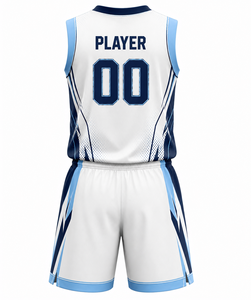 Ensemble d'uniformes de basketball personnalisés sublimés, blanc et bleu, maillot sans manches et short, unisexe adulte, anti-transpiration, 100% polyester - Product Image 5