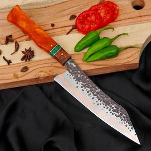 Couteau de Chef Artisanal Forgé Haute Durabilité Lame en Acier Damas Cuivré Manche en Bois Ambidextre pour Viande et Camping - Product Image 3