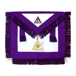 Delantal de la Ilustre Cámara Maestra, con borde blanco y morado, flecos y borlas, emblema bordado en oro, insignia masónica personalizada - Product Image 1