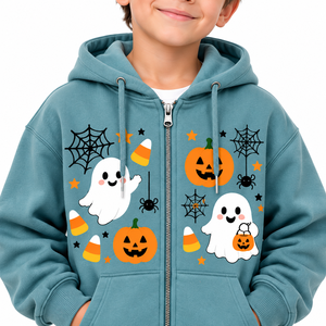 เสื้อฮู้ดเด็กผู้ชายสีน้ำเงินสำหรับฤดูหนาวและวันฮาโลวีน ผ้าฟลีซมีซิป พิมพ์ลายผี ฟักทอง ใยแมงมุม รับผลิตแบบ OEM ODM และสั่งทำได้ - Product Image 2