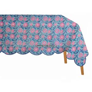 Mantel Rectangular de Algodón Estampado a Mano de 60x90 Pulgadas con Diseño Floral y Borde Festoneado para Decoración del Hogar y Comedor - Product Image 1