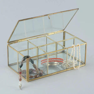 Vintage Clear <b>Glass</b> & Brass Jewelry Storage <b>Box</b> with Gray Velvet Organizer Customizable Color & Logo for Home & Hotel Use - Product Image 3