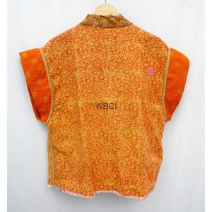 WOODEN BLOCK CRAFT INDIA Reversible Quilted Kantha Kimono Jacket Short Front Belt Closure Organic Cotton Eco-Friendly Women's - Product Image 3