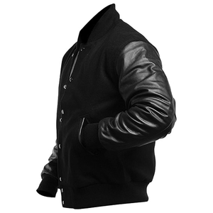 Veste de style universitaire pour lycée et université, style bomber uni avec tissu en laine légère, col à capuche, manches en cuir - Product Image 2