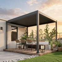 Pavillon de jardin moderne avec structure en acier thermolaqué noir et toit à lames motorisé pour usage en extérieur, dans les jardins et cours, toutes saisons