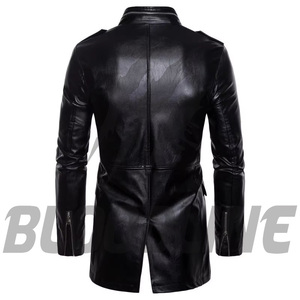 Men's Black PU <b>Leather</b> Moto <b>Jacket</b> Slim Fit Stand Collar Zipper Closure <b>Long</b> Sleeve Solid Color Autumn Wear - Product Image 2