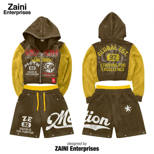 Conjunto de Sudadera con Capucha y Pantalones Cortos para Hombre, Premium, de Poliéster/Algodón, Transpirable, para Invierno, 340 GSM, con Logotipo Personalizado en Pedrería - Product Image 1