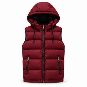 Chaleco Acolchado con Capucha para Hombre, Color Borgoña, Cortavientos, Invierno, Sin Mangas, Cierre Frontal con Cremallera - Product Image 1