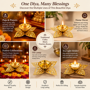 Lámpara de aceite Diya de latón con flor de loto, hecha a mano, con pétalos florales, portavelas Deepam para decoración de Pooja y Diwali - Product Image 2