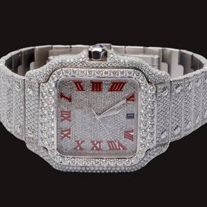 Customized Red Roman Numerals <b>Square</b> Dial Shiny Moissanite Diamond Designer Classic Features Hip Hop Iced Out Diamond <b>Watch</b> - Product Image 1