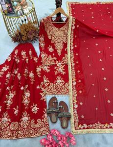 Ensemble 3 pièces palazzo en faux georgette épaisse pour femme, avec broderie de sequins, manches fantaisie, bordure Latkan, dupatta en dentelle prête à l'emploi, séchage rapide - Product Image 4