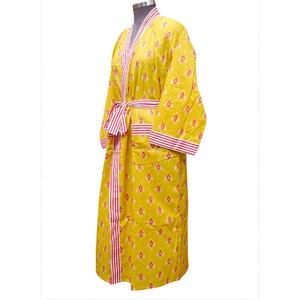 Robe kimono pour femmes 100% coton, longueur intégrale, col en V, imprimé géométrique jaune, vêtements de nuit décontractés, fermeture à ceinture, respirante, séchage rapide - Product Image 3