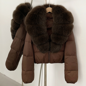 OFTBUY Manteau d'hiver pour femme en duvet de canard blanc, avec fourrure de renard, court, épais, style parka, ample et respirant, tissé - Product Image 1