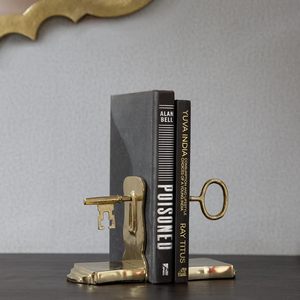 Lock & Key <b>Bookend</b> Antique Gold Metal Book Holder Stand for Home Office Table Shelf Bedroom Living Room Decor - Product Image 4