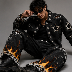 Custom Distressed Denim Jacket And Flame <b>Jeans</b> Set Vintage Star Studded Street Wear Fashion Outfit For Unisex Wear - Product Image 4