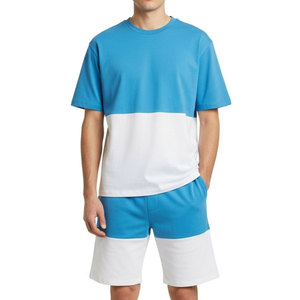 Ensemble T-shirt et short pour homme de bonne qualité, motif uni, col montant, tricoté, respirant, pour l'été, 100% coton, personnalisable - Product Image 1