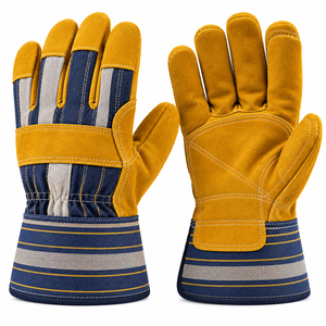 Gants de travail en cuir de vachette jaune, dos en toile rayée bleue, manchette en caoutchouc, double paume renforcée - Product Image 1