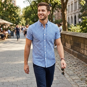 <b>Men's</b> Gingham <b>Check</b> <b>Short</b> <b>Sleeve</b> <b>Shirt</b> Classic Woven <b>Check</b> Casual <b>Shirt</b> OEM ODM Wholesale Factory Custom Logo - Product Image 3