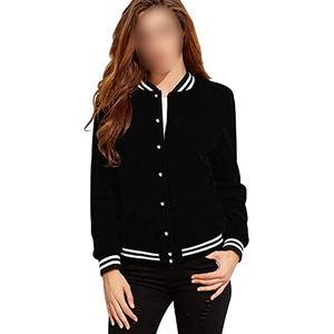 Veste universitaire noire pour femme à manches longues, col boutonné, couleur unie, en laine d'hiver avec garniture contrastante en cuir PU, coupe classique, vente en gros - Product Image 1