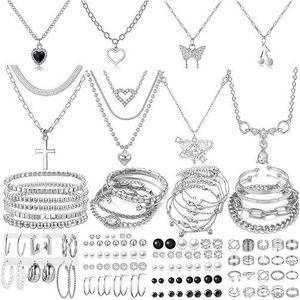 92 PCS <b>Silver</b> Plated Fine Jewelry <b>Set</b> for Women Including 8 PCS Necklace 19 PCS Bracelet 44 PCS <b>Stud</b> Hoop <b>Earring</b> 21 Pcs Knuckle - Product Image 1