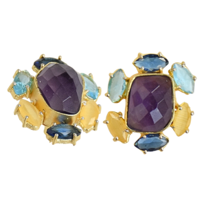 Boucles d'oreilles clous en améthyste faites à la main, plaqué or 18 carats, laiton, géométriques, classiques, pour soirée, vente en gros - Product Image 5