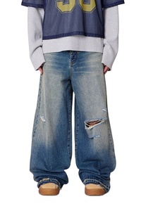 Jean ample déchiré bleu pour homme, 100 % coton, taille mi-haute, style vintage décontracté, coupe ample, streetwear, pantalon baggy tendance - Product Image 2