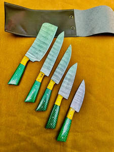 Juego de Cuchillos de Acero de Damasco Hechos a Mano, 5 Piezas, Mango de Resina Verde, Cuchillos de Chef Afilados, Cuchillos de Cocina Ambidiestros, Venta al Por Mayor OEM - Product Image 4
