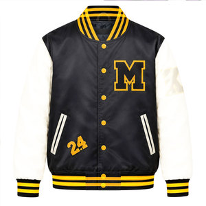 Men's <b>Black</b> Varsity <b>Jacket</b> With Cream Sleeves Embroidered M Logo And Number 24 Preppy Style Turn-down Collar Regular Fit - Product Image 3