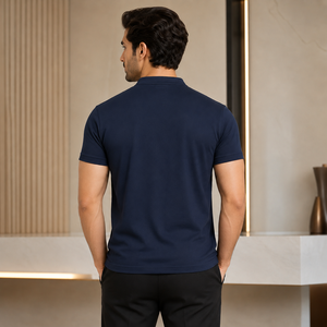 Men's <b>Navy</b> <b>Blue</b> Short Sleeve <b>Polo</b> <b>Shirt</b> With Button Placket And Front Logo Print Smart Casual Style 100% Cotton Knitted Fabric - Product Image 5