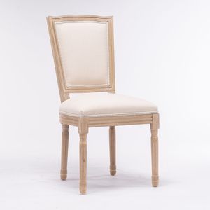 Ensemble de 2 chaises de salle à manger à dossier carré en tissu lin avec structure en bois massif de style français, couleur crème - Product Image 3