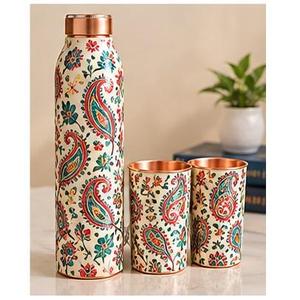 Floral Pattern <b>Metal</b> <b>Water</b> <b>Bottle</b> and Cup Set with Copper Lids Portable Travel Drinkware for Outdoor Use - Product Image 6