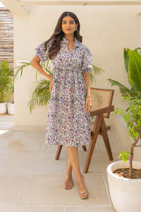 Floral Print Cotton Midi <b>Dress</b> With Puff Sleeves Turn-down Collar A-Line <b>Loose</b> Fit Casual Summer Women's <b>Dress</b> Beautiful Elegant - Product Image 3