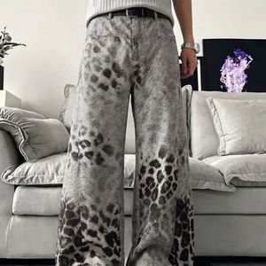 <b>Men's</b> Grey Patchwork Baggy <b>Jeans</b> Wide Leg Washed Denim Pants Floral Leopard Print Panels Vintage Streetwear Fashion <b>Trousers</b> - Product Image 6