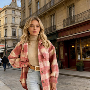 Oferta en Temu: Chaqueta estilo shacket a cuadros rosa para mujer, informal, holgada, para otoño e invierno, estilo urbano, ideal para el día a día y vacaciones. - Product Image 4