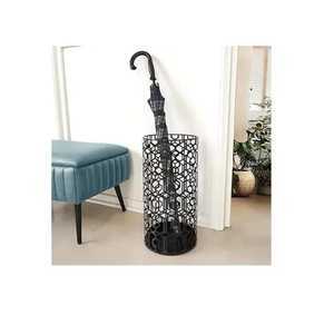 Modern <b>Black</b> Geometric Hexagon Pattern Metal Umbrella Stand Cylindrical Entryway Walking Stick Cane Holder Drip Tray <b>Bin</b> - Product Image 2