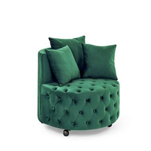 Poltrona Girevole in Velluto Verde per Soggiorno con Design Trapuntato a Bottoni e Ruote Mobili, Include 3 Cuscini - Product Image 6