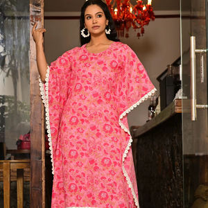 Vestido Kaftan para Mujer, Azul con Estampado Geométrico, 100% Algodón Natural, Cintura Ajustada, Transpirable, con Borde de Encaje, Manga Murciélago, Corte Holgado, Largo hasta la Rodilla - Product Image 1