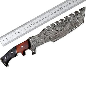 Handmade DIY Damascus Steel Outdoor Knife with Serrated Spine and Wooden Handle with <b>Leather</b> Sheath for Camping Use OEM - Product Image 6