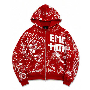 Sudadera con Capucha Roja para Hombre, Estilo Urbano, con Cierre, Diseño de Grafiti Emocional, Ropa Casual de Invierno - Product Image 2
