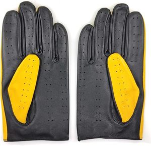 Guantes de Conducción de Cuero Genuino Perforado de Primera Calidad para Hombre, Clásicos Vintage Negros y Amarillos Transpirables - Product Image 5