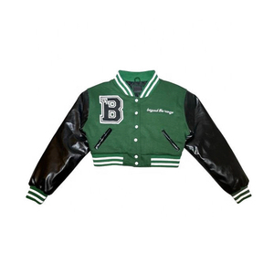 Chaqueta Varsity Corta de Lana para Mujer, Tendencia 2025, con Apliques Bordados Personalizados y Mangas de Cuero Genuino, Diseño de Moda, Venta al Por Mayor - Product Image 6