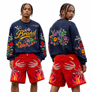 Luxury Navy Graphic Sweatshirt & Shorts <b>Set</b> for Men Floral Print Streetwear Tracksuit Rhinestone Embellished Designer Two Piece - Product Image 2