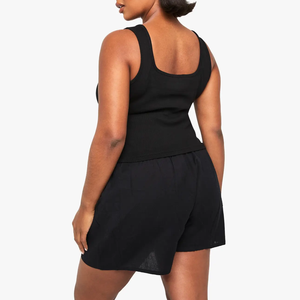 Camiseta sin mangas negra de punto acanalado para mujer con cuello cuadrado con botones, estilo casual, corta, mezcla de algodón y elastano, transpirable - Product Image 2