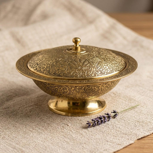 Antique Brass Decorative <b>Bowl</b> <b>with</b> Intricate Engraved <b>Lid</b> Vintage Gold Metal Storage <b>Bowl</b> for Luxury Home Decor - Product Image 1