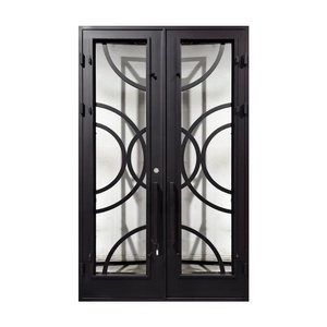 Porte d'entrée contemporaine en fer forgé avec panneaux de verre géométriques et un design résistant à la rouille, adaptée à une utilisation extérieure - Product Image 2