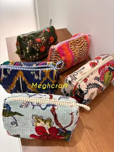 Velvet Quilted Toiletry <b>Bag</b> <b>Set</b> of 3 Block Print <b>Bags</b> Toiletry <b>Bag</b> Cosmetic <b>Bags</b> for Women Water proof Polythene with 4 Pocket - Product Image 1