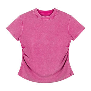 Camiseta de manga corta plisada para mujer, nueva colección de verano, estilo americano ajustado, elástica, de alto gramaje 260gsm, con lavado ácido. - Product Image 1